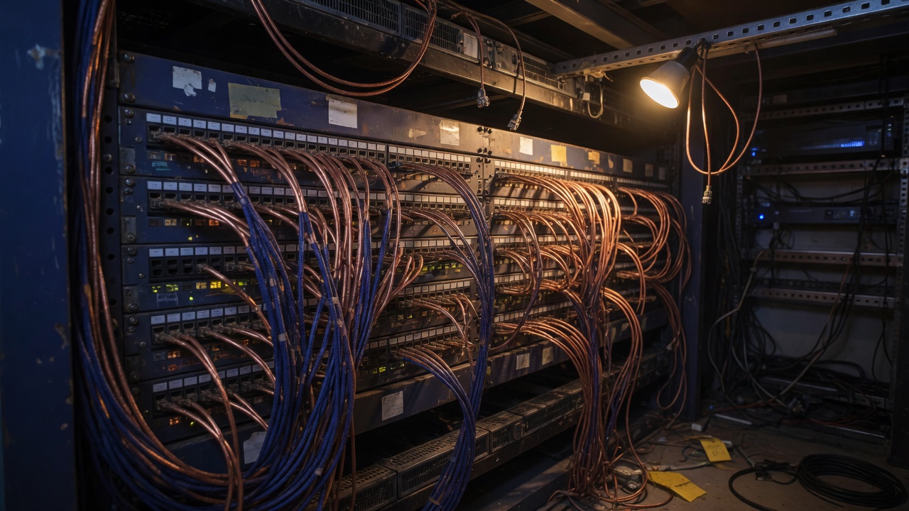 Copper and indigo ethernet patch bay under a single work light
